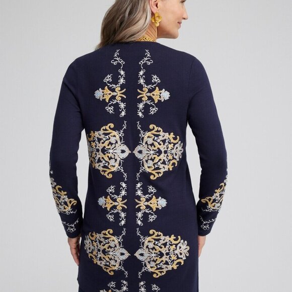 NWT Chico's‎ Cardigan XS(00) Blue Embroidered heavy knit Bohemian Classic Comfor - Picture 1 of 11